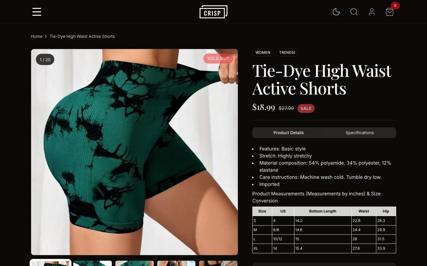 Product detail page with variants, pricing and specifications