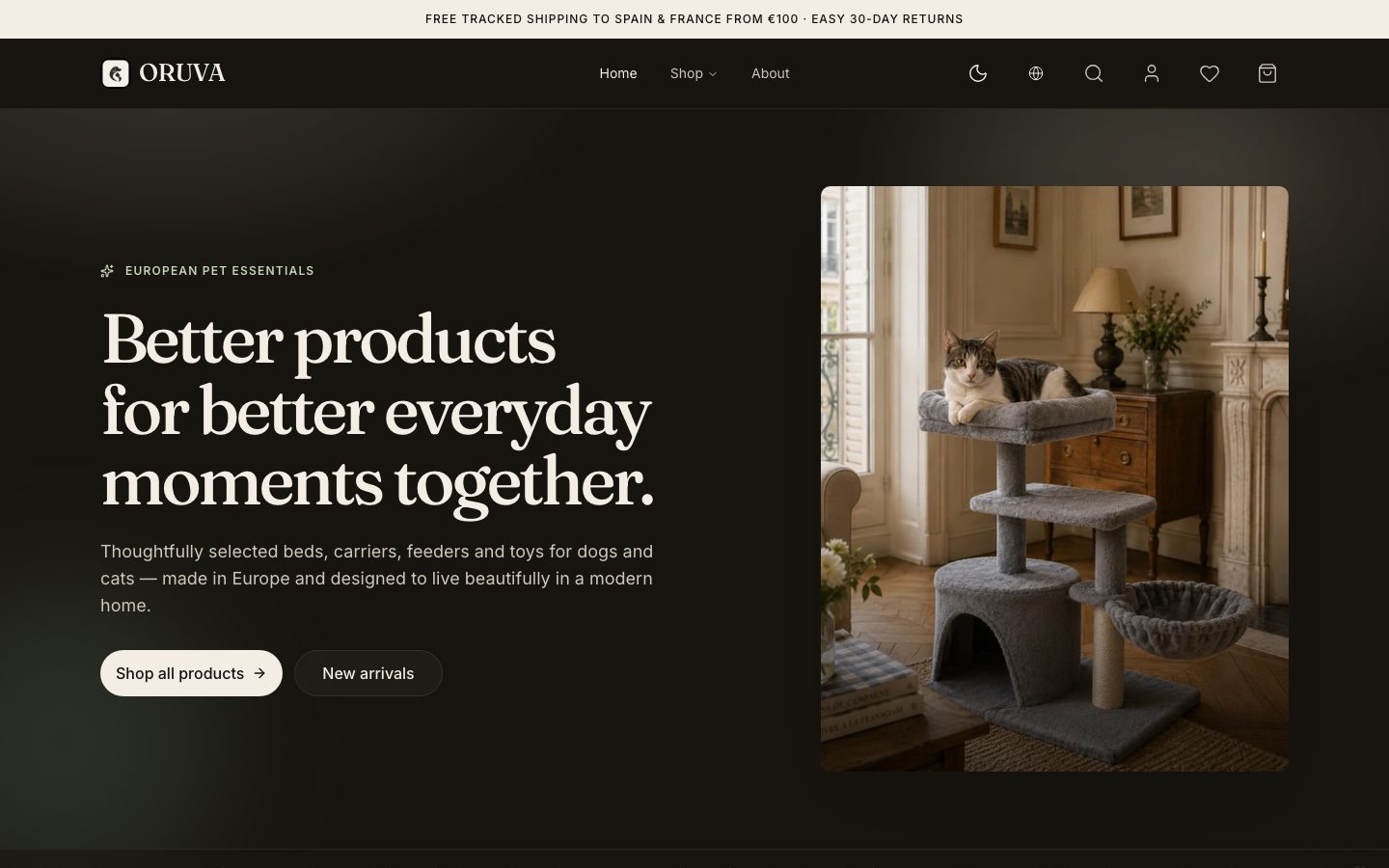 ORUVA homepage: "Better products for better everyday moments together" beside a cat on a grey cat tree